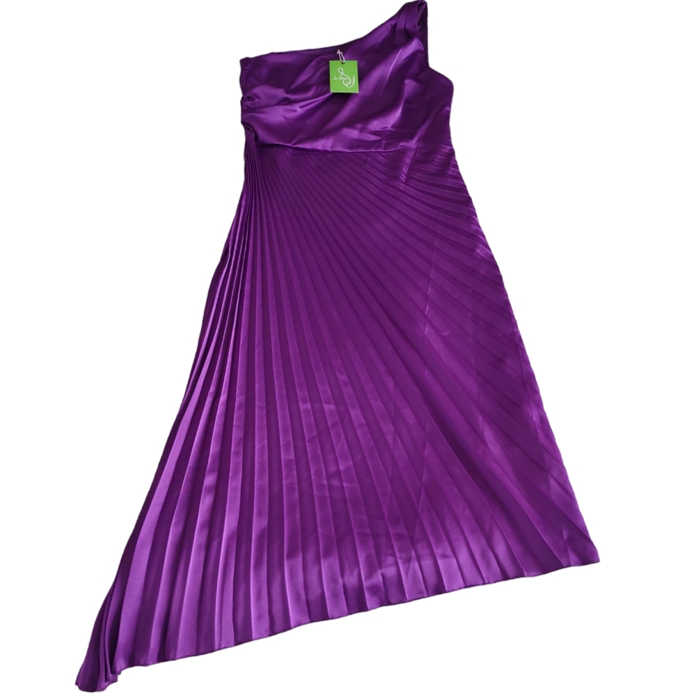 Sam Edelman One Shoulder Ruched Pleated Satin Asymmetrical Dress Size 12